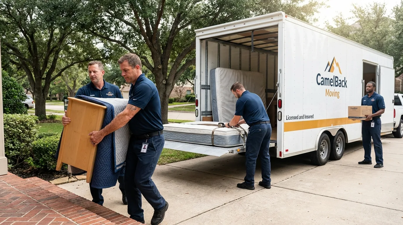 Crew loading residential truck for cross-state move from Dale, IN