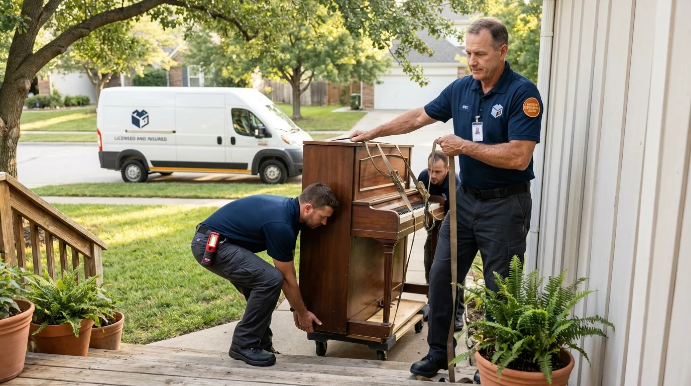 Licensed piano movers securing grand piano in Dale, IN
