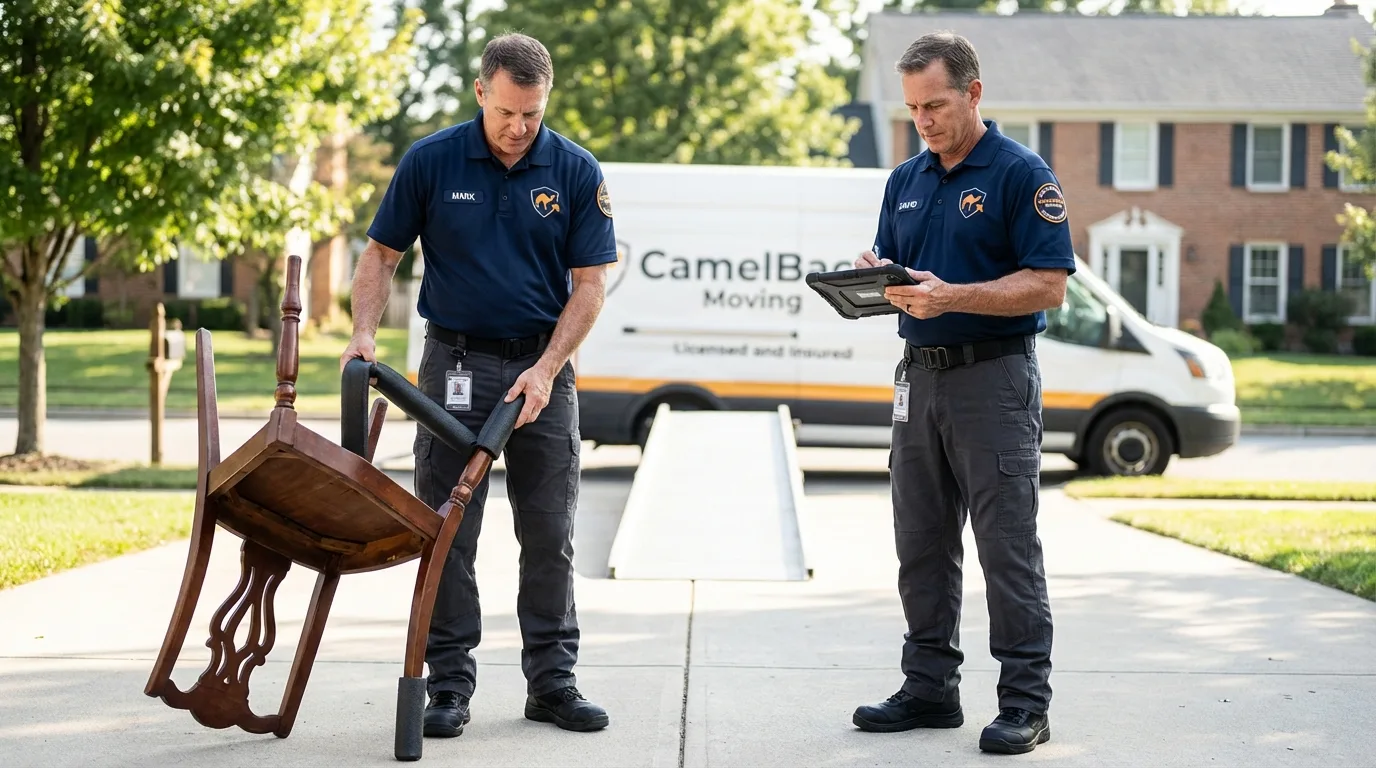 Movers inspecting furniture for damage prevention before loading in Dale, IN