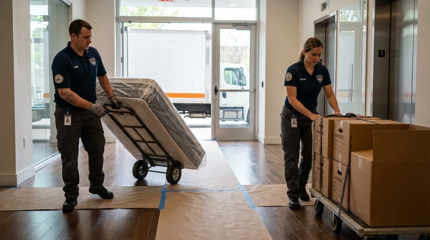 Professional apartment movers loading elevator in Dale, IN