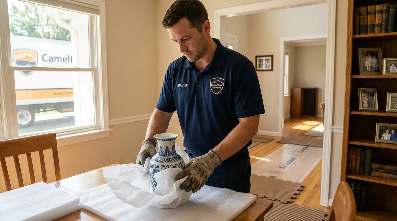 Professional crew carefully wrapping antique vase for senior downsizing move in Dale, IN